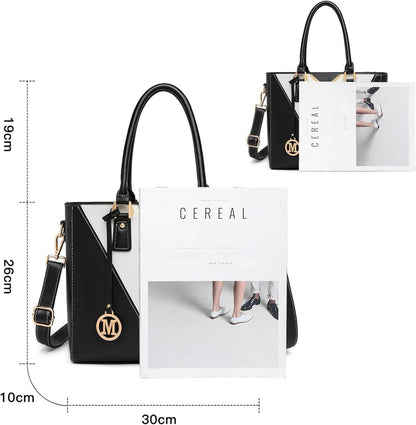 Miss Lulu Damen Handtasche Schultertasche Shopper V-Design Schwarz Echtleder