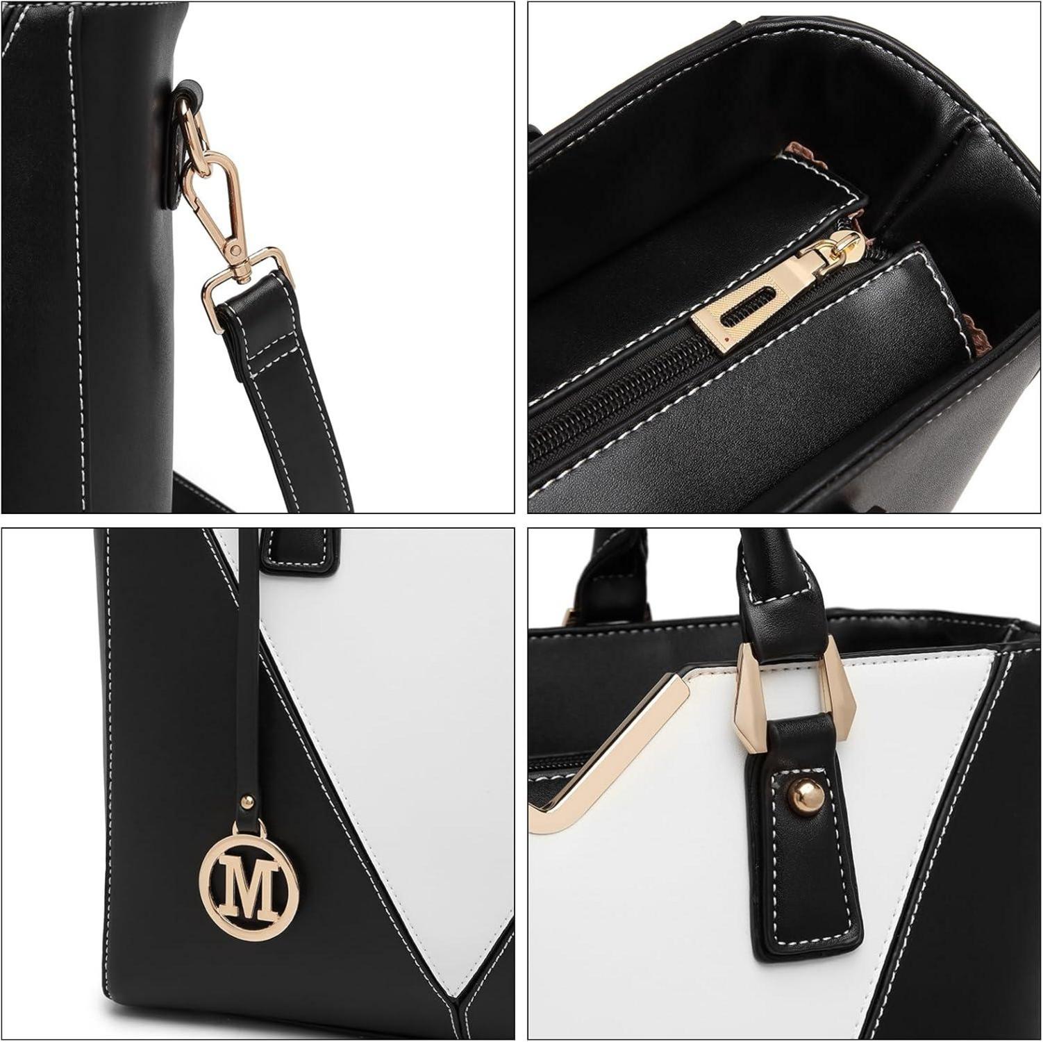 Miss Lulu Damen Handtasche Schultertasche Shopper V-Design Schwarz Echtleder