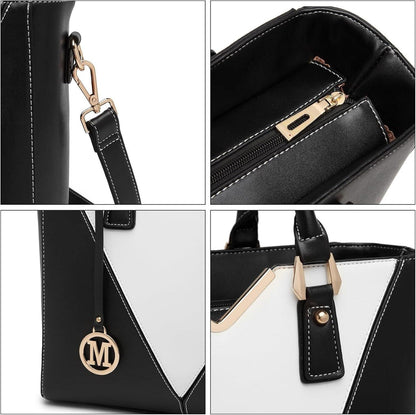 Miss Lulu Damen Handtasche Schultertasche Shopper V-Design Schwarz Echtleder