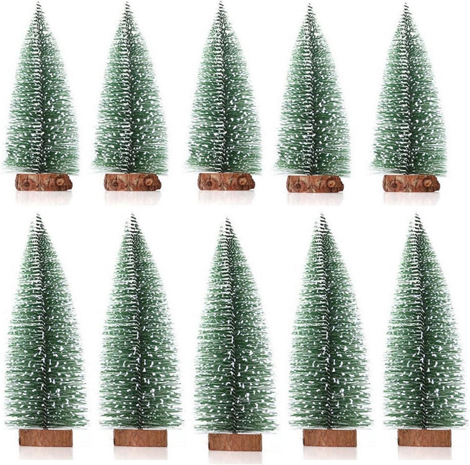 Künstlicher Mini Weihnachtsbaum mit Schnee-Effekt 10er Set Grün Holzsockel