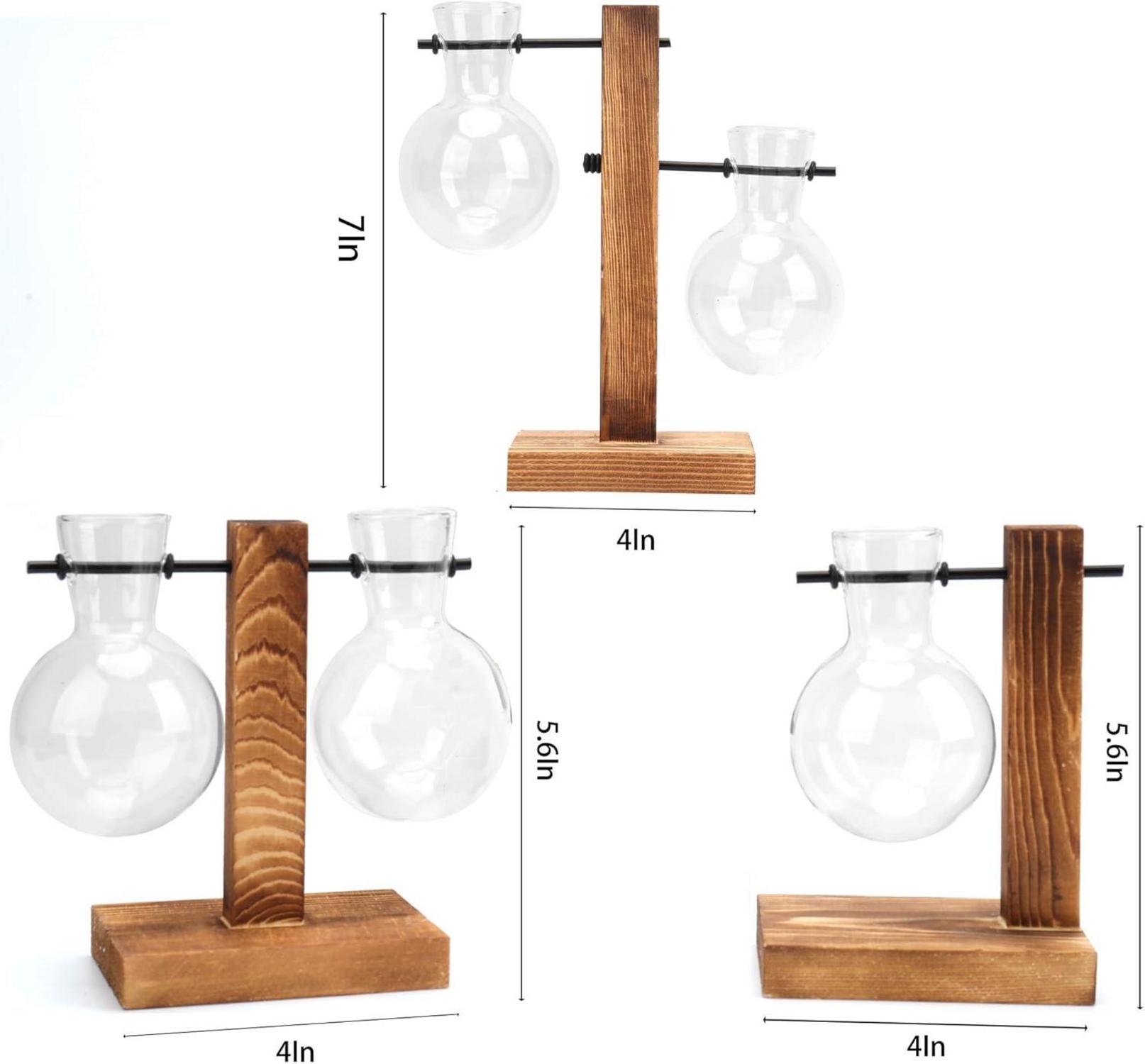 Hydroponik Glasvase 3er Set Holz Halter Vintage Deko Büro