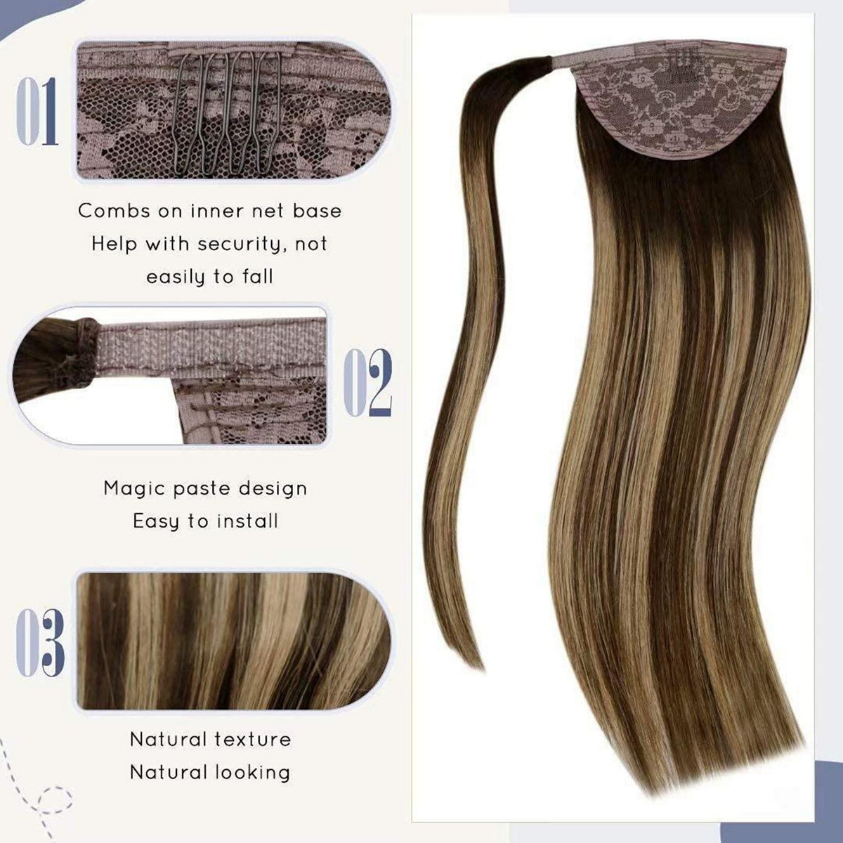 Echthaar Pferdeschwanz Extension Braun Balayage Ombre 45cm