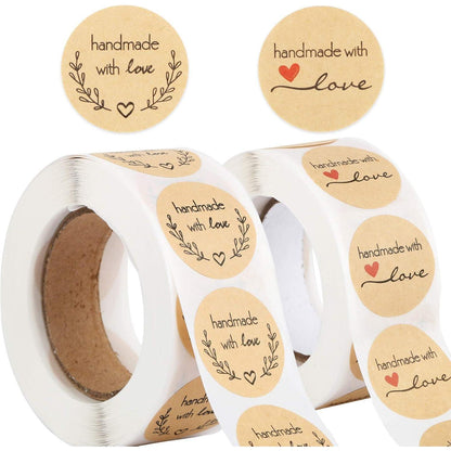 1000 STK Handmade with Love Aufkleber Sticker Kraft 2 Rollen