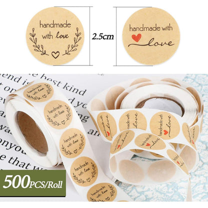 1000 STK Handmade with Love Aufkleber Sticker Kraft 2 Rollen