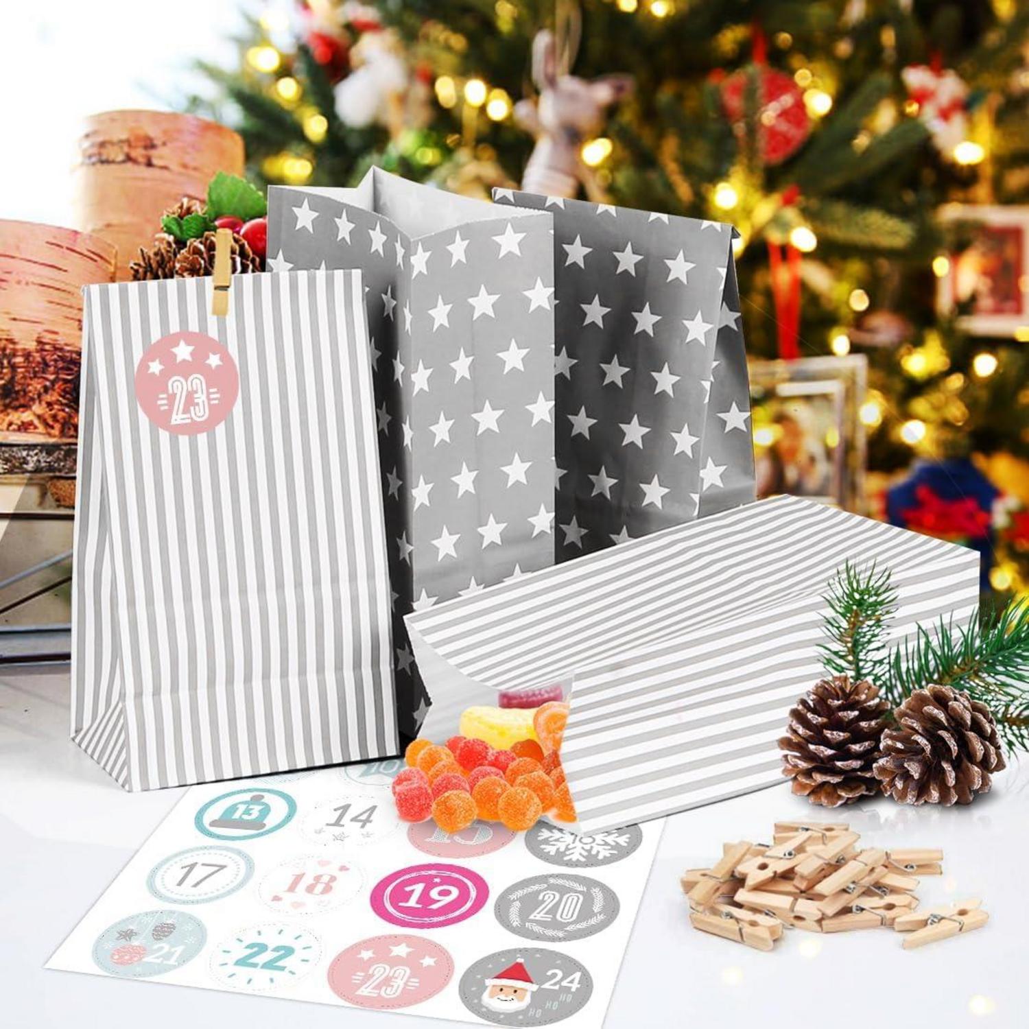Adventskalender Tüten Grau mit Zahlenaufklebern, DIY Weihnachtskalender
