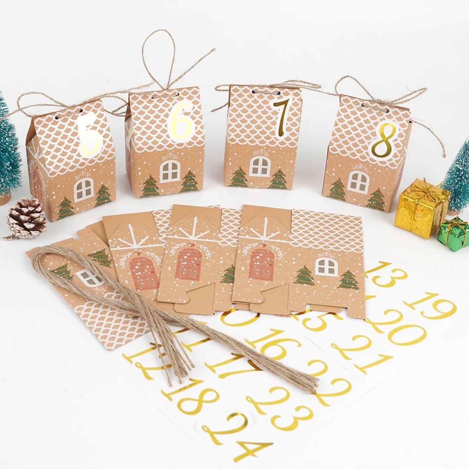 Adventskalender zum Befüllen Häuser 24 Boxen 3 Größen mit Zahlenaufklebern