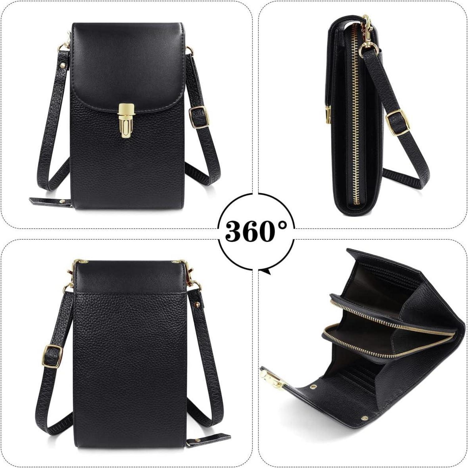 Handytasche Damen Echtes Leder Schwarz Crossbody Umhängetasche