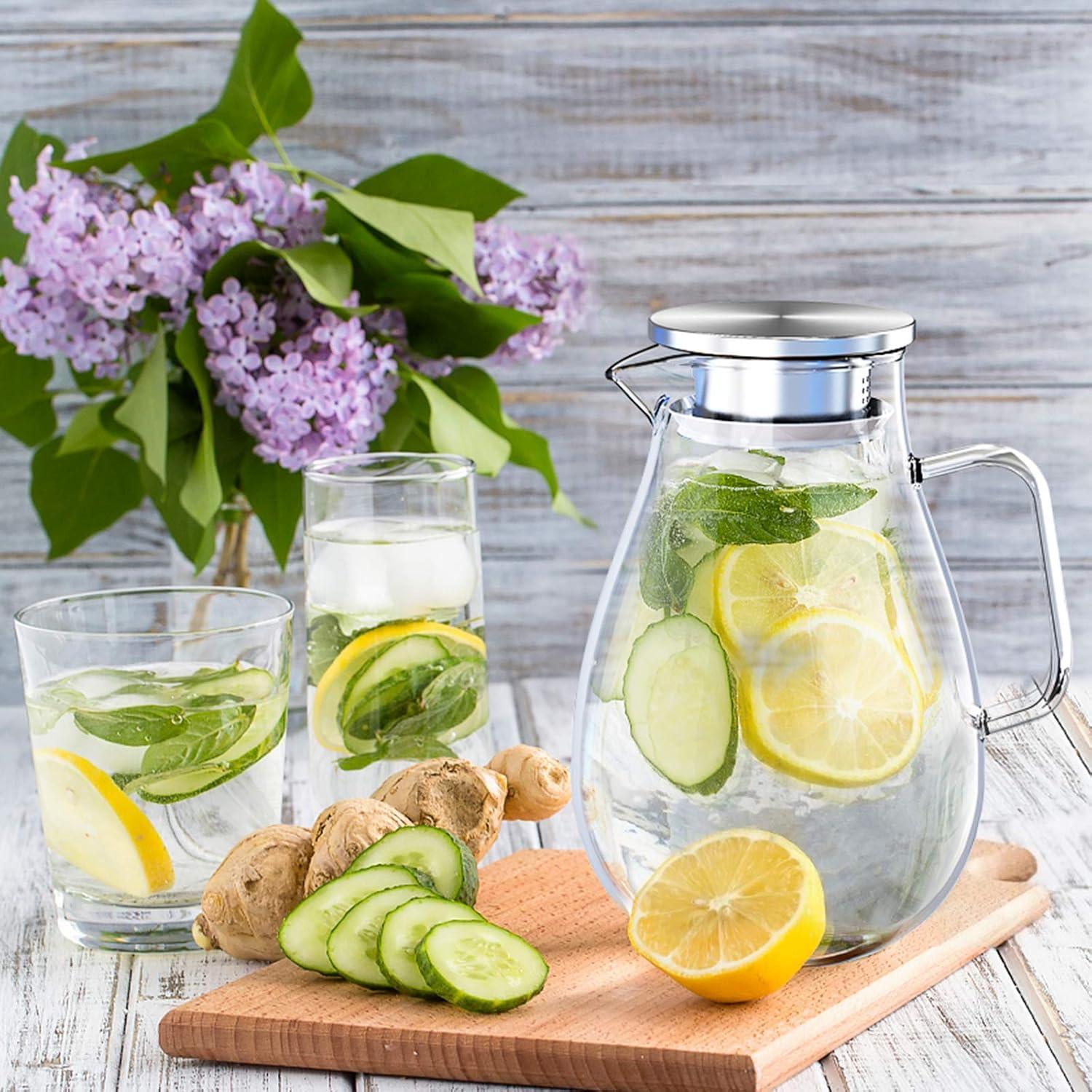 Glaskrug 2 Liter Karaffe Filter Deckel Rührstab Reinigungsbürste Eistee