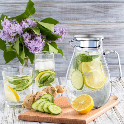 Glaskrug 2 Liter Karaffe Filter Deckel Rührstab Reinigungsbürste Eistee