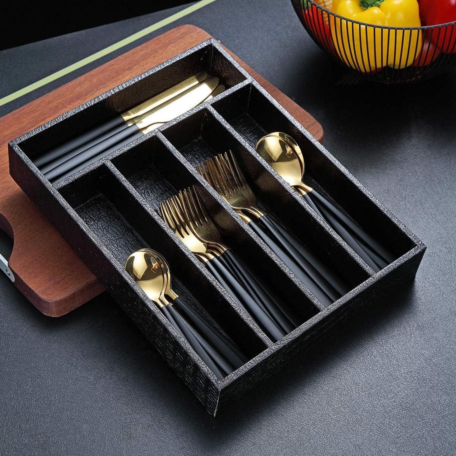 Besteckkasten Leder Schubladen Organizer Küche Schwarz 5 Fächer