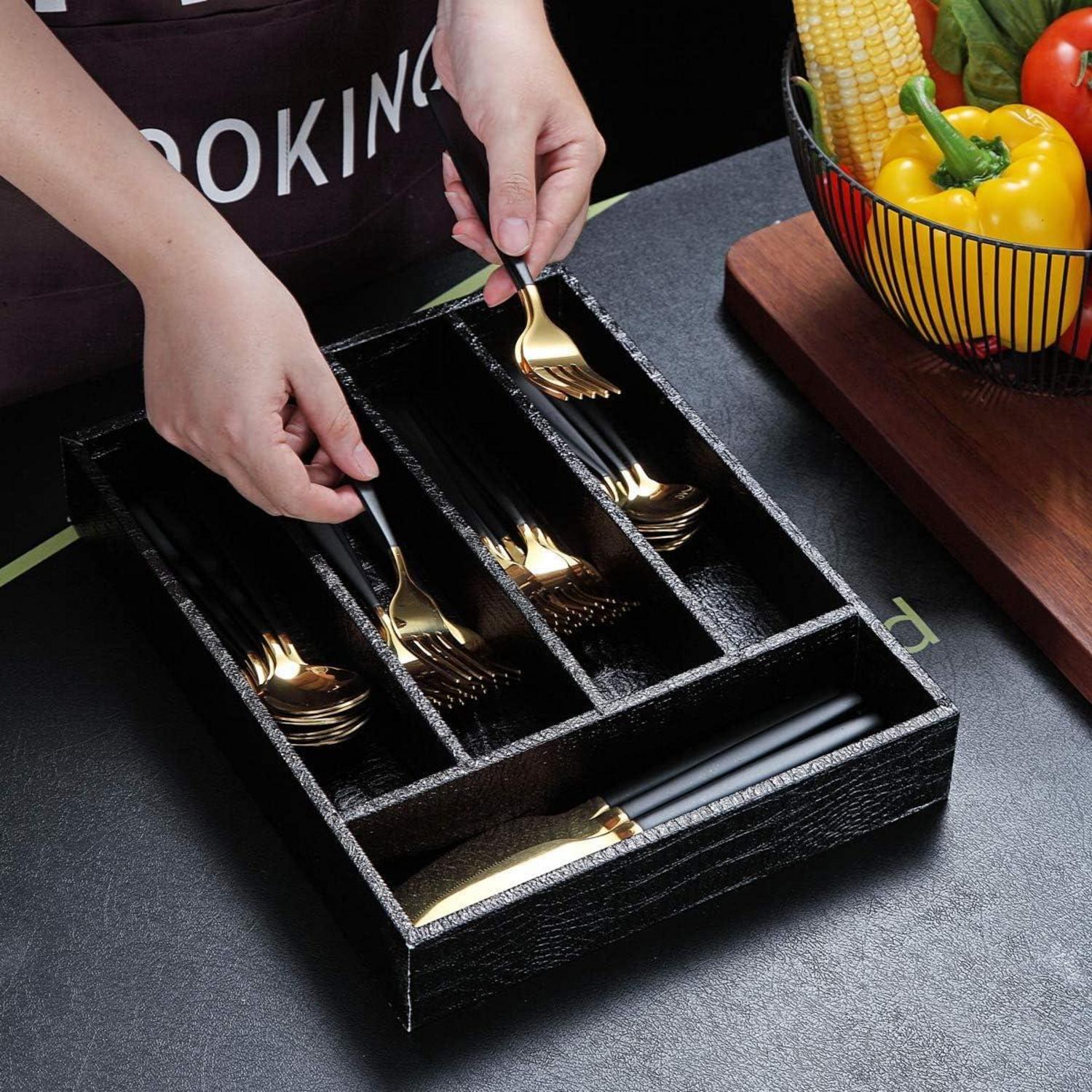 Besteckkasten Leder Schubladen Organizer Küche Schwarz 5 Fächer