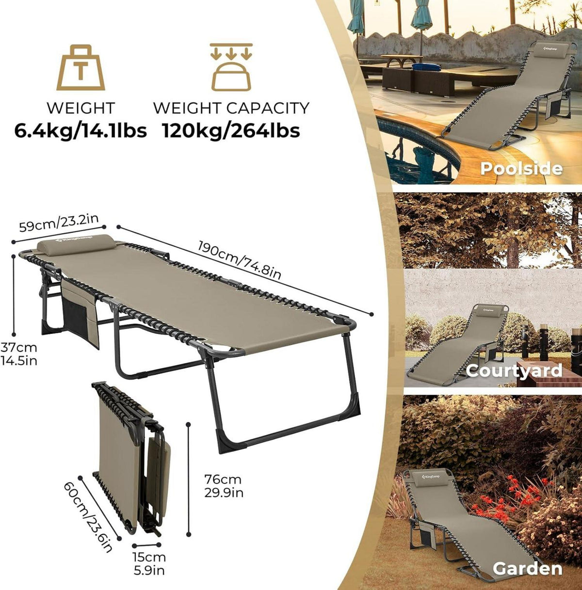 Campingliege Sonnenliege Gartenliege klappbar 5-Stufig Beige