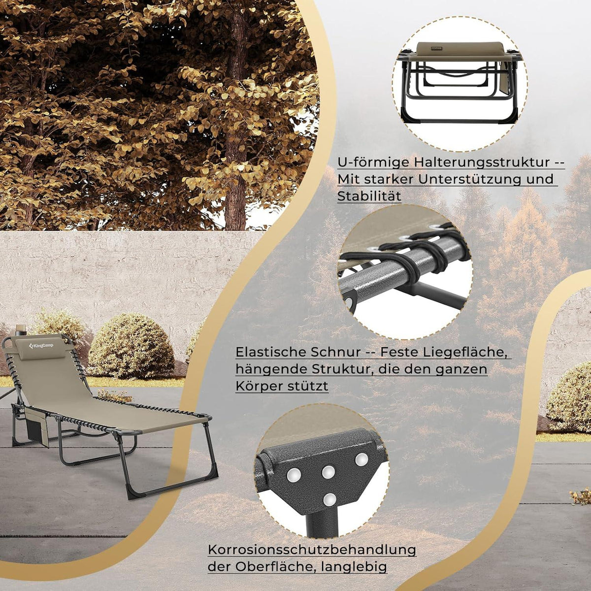 KingCamp Campingliege klappbar Sonnenliege 5-Stufig verstellbar Beige