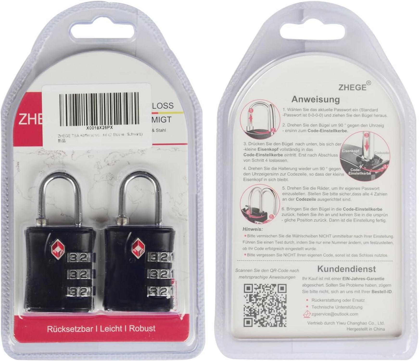 TSA Kofferschlösser 3-stellig mit Zahlencode Schwarz 2 Stücke