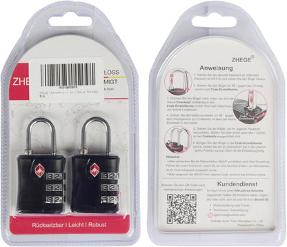 TSA Kofferschlösser 3-stellig mit Zahlencode Schwarz 2 Stücke