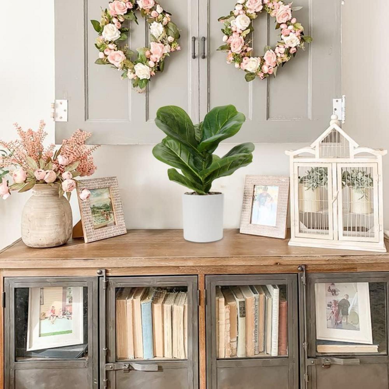 Künstliche Monstera Kunstpflanze im Topf 31 cm - Ficus Lyrata - Dekoration Büro Hausgarten