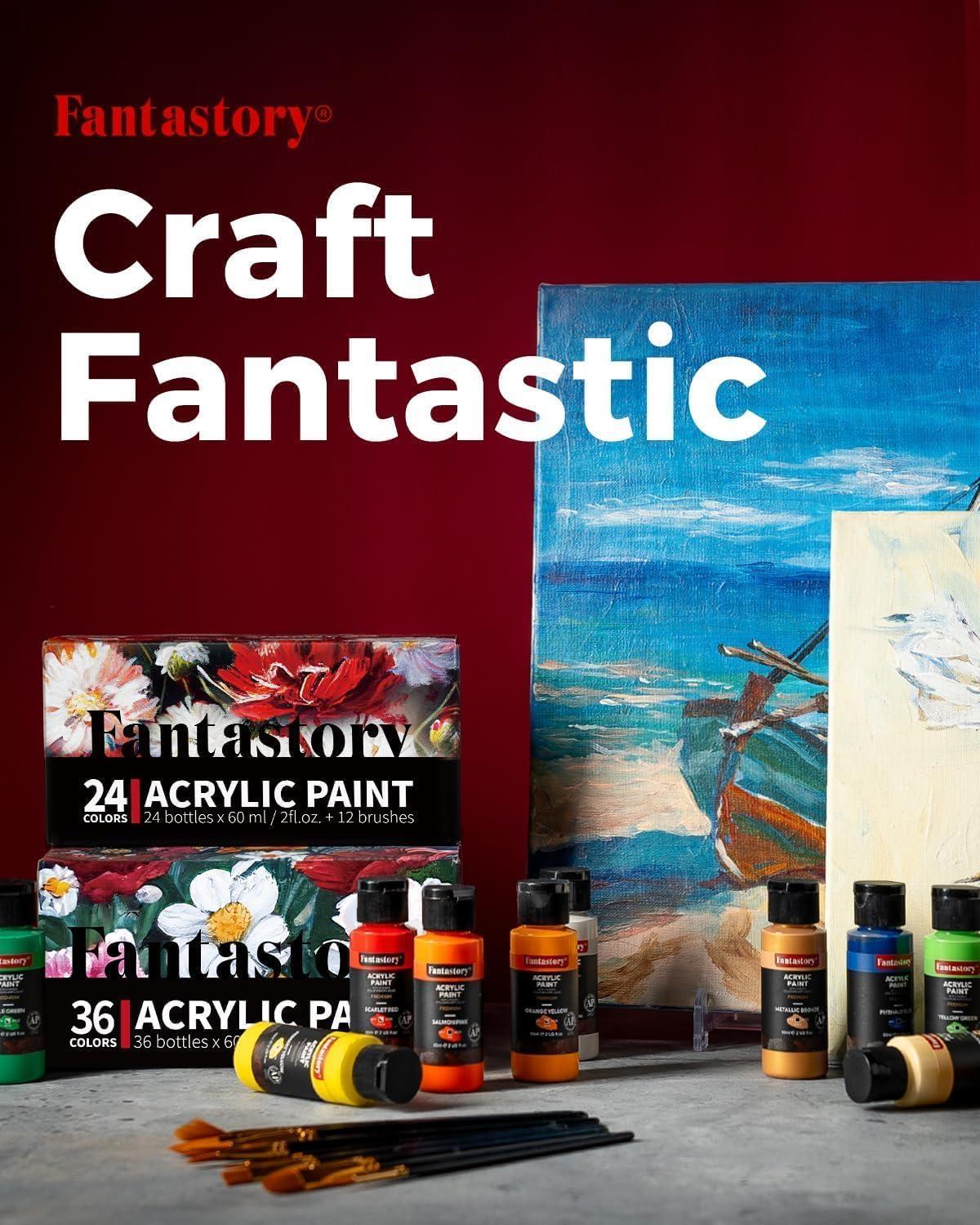 Fantastory Acrylfarben Set 24 Farben 60 ml + 12 Pinseln - Premium Ungiftig für Leinwand Holz Keramik Stoff - Maler Erwachsene Kinder