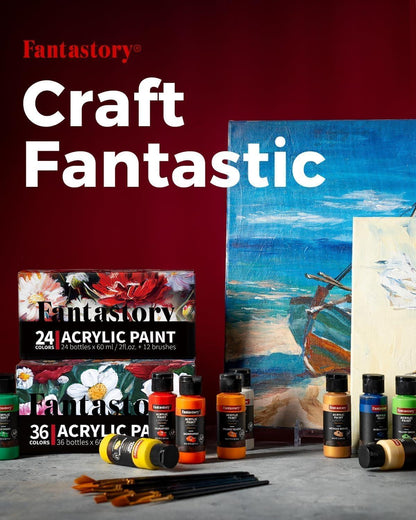 Fantastory Acrylfarben Set 24 Farben 60 ml + 12 Pinseln - Premium Ungiftig für Leinwand Holz Keramik Stoff - Maler Erwachsene Kinder