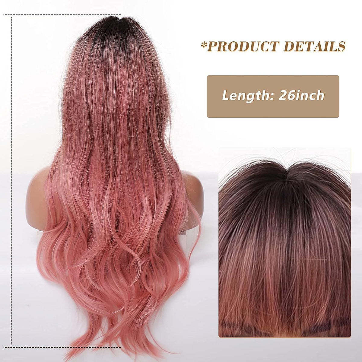 Lange gewellte Pink Ombre Perücke mit Pony – 26 Zoll