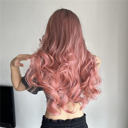 Lange gewellte Pink Ombre Perücke mit Pony – 26 Zoll