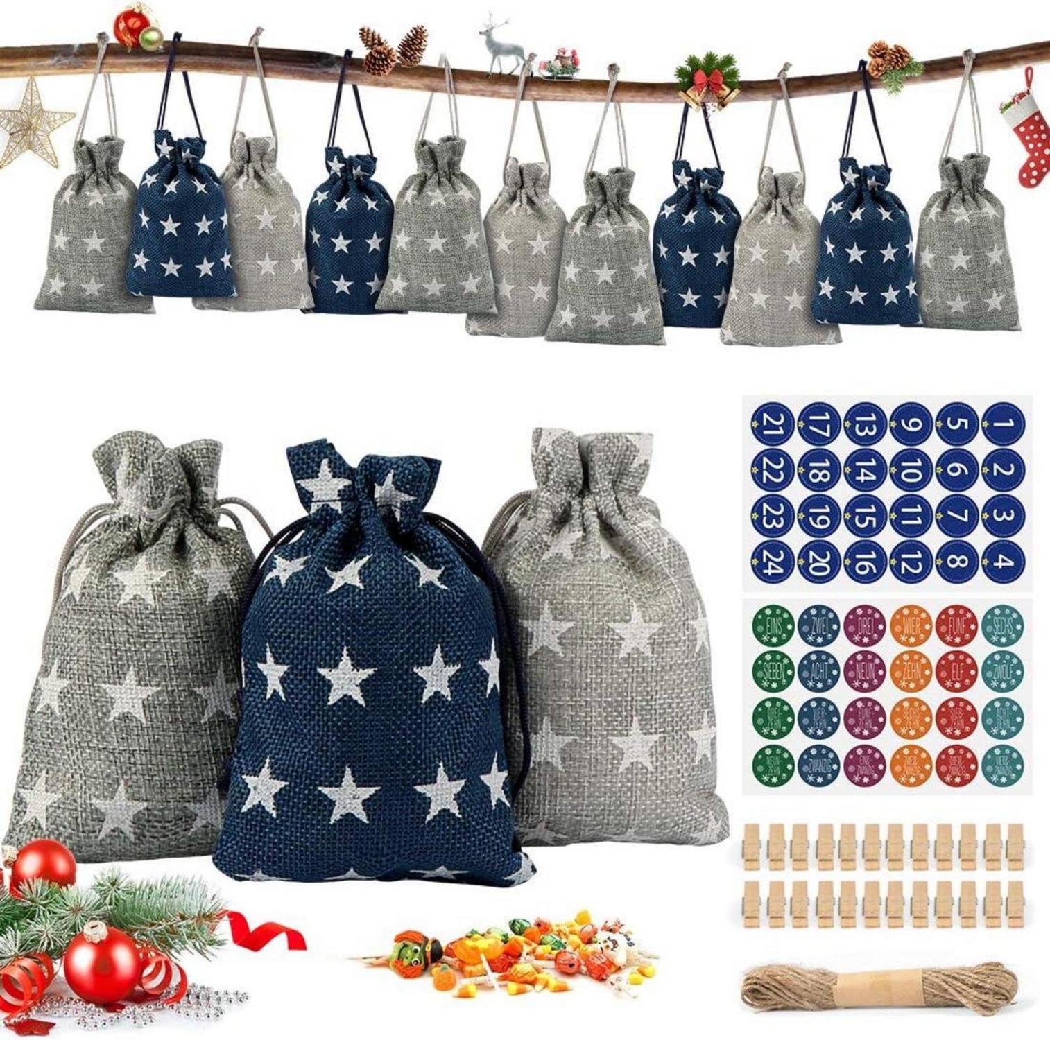 Adventskalender zum Befüllen Stoff 24 Säckchen Zahlenaufklebern DIY
