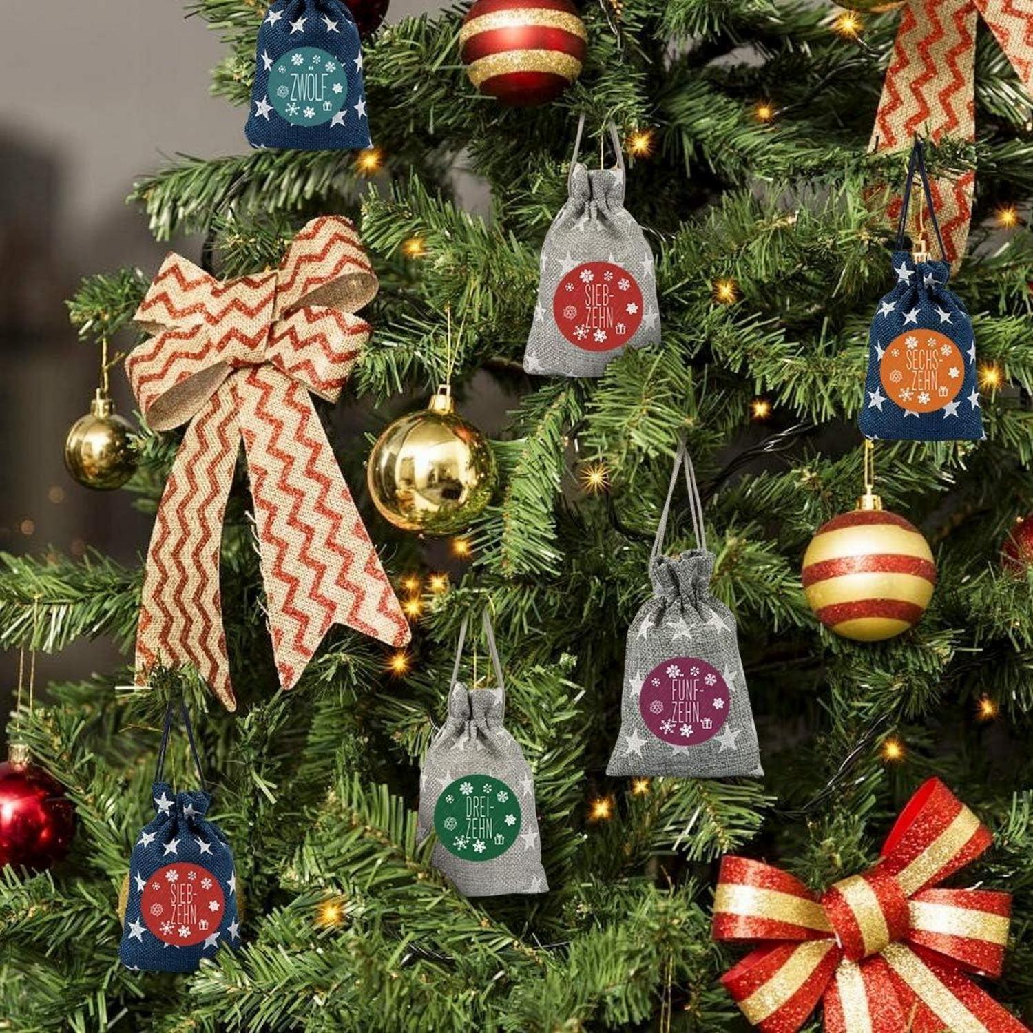 Adventskalender zum Befüllen 24 Stoff-Säckchen Zahlenaufkleber DIY