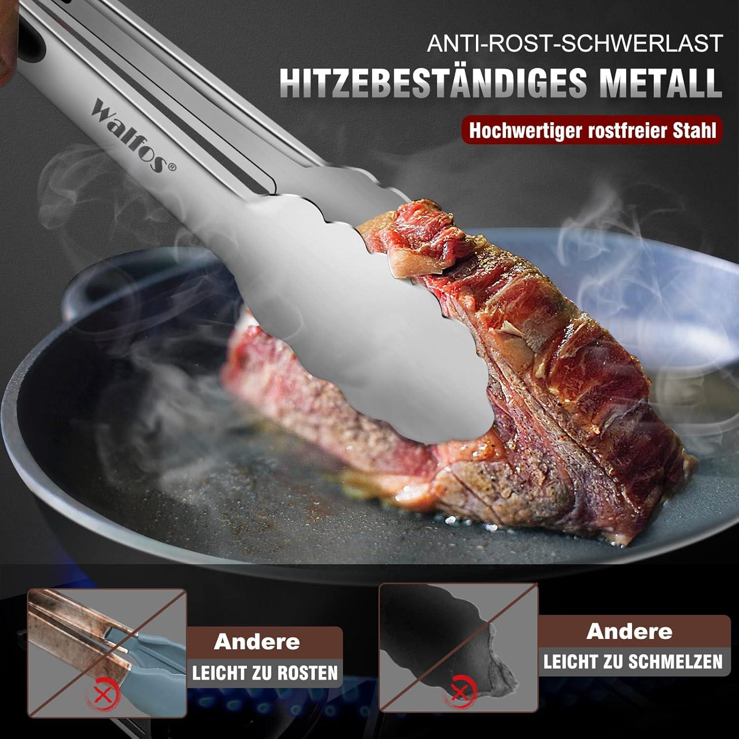 Walfos® Küchenzange Grillzange Edelstahl 3er Set 18cm 23cm