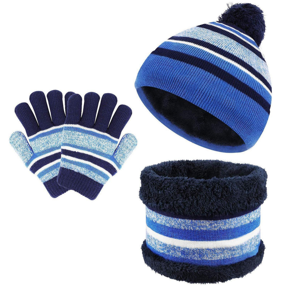 Kinder Mütze Schal Handschuhe Set 3-teilig Fleece Blau