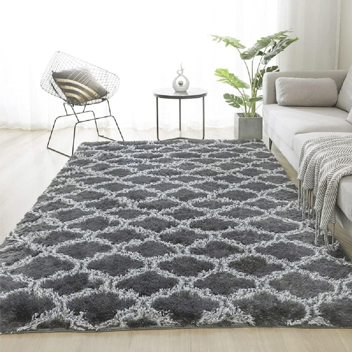 Hochflor Teppich Flauschig Schlafzimmer Modern Langflor (Grau