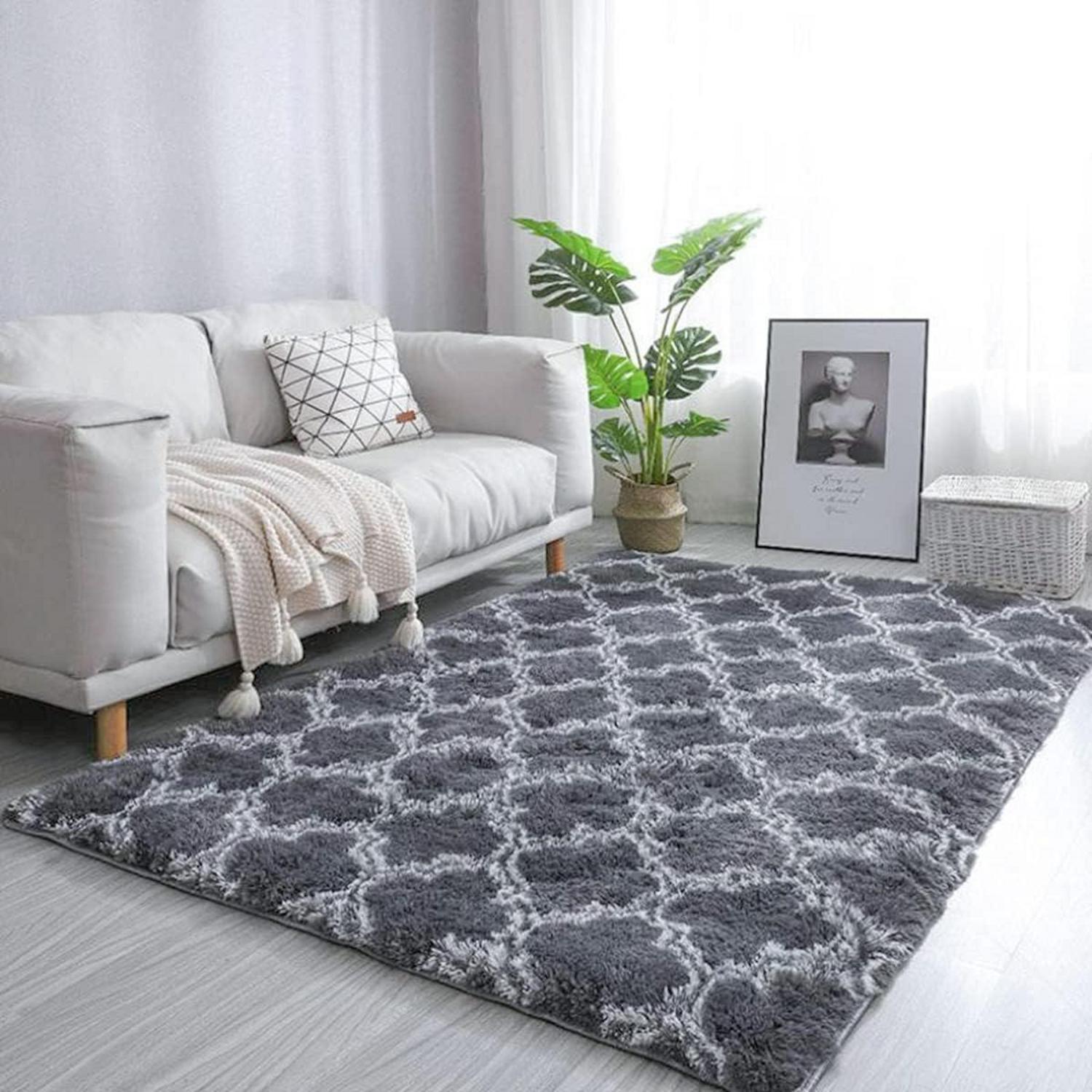 Hochflor Teppich Flauschig Schlafzimmer Modern Langflor (Grau