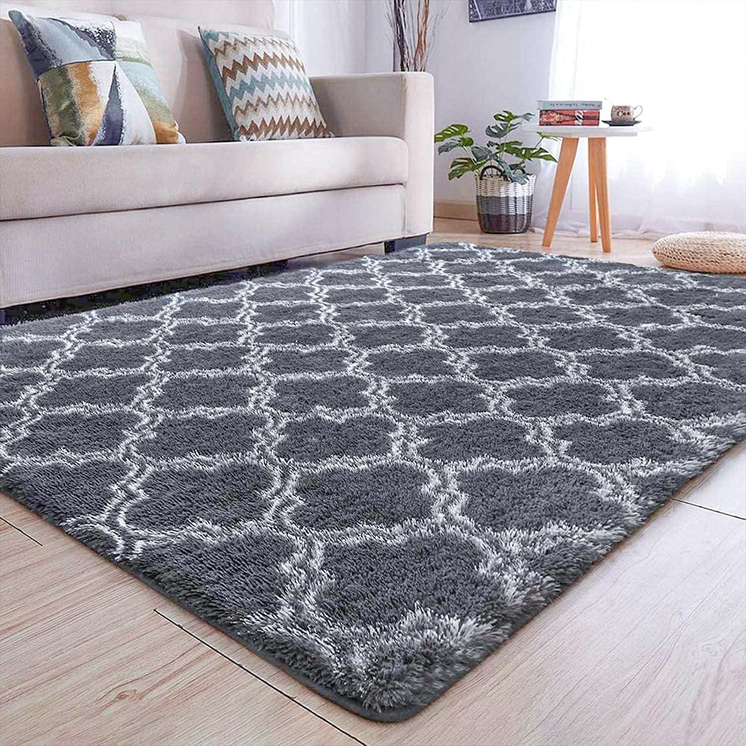 Hochflor Teppich Grau 120x160cm Wohnzimmer Schlafzimmer Modern