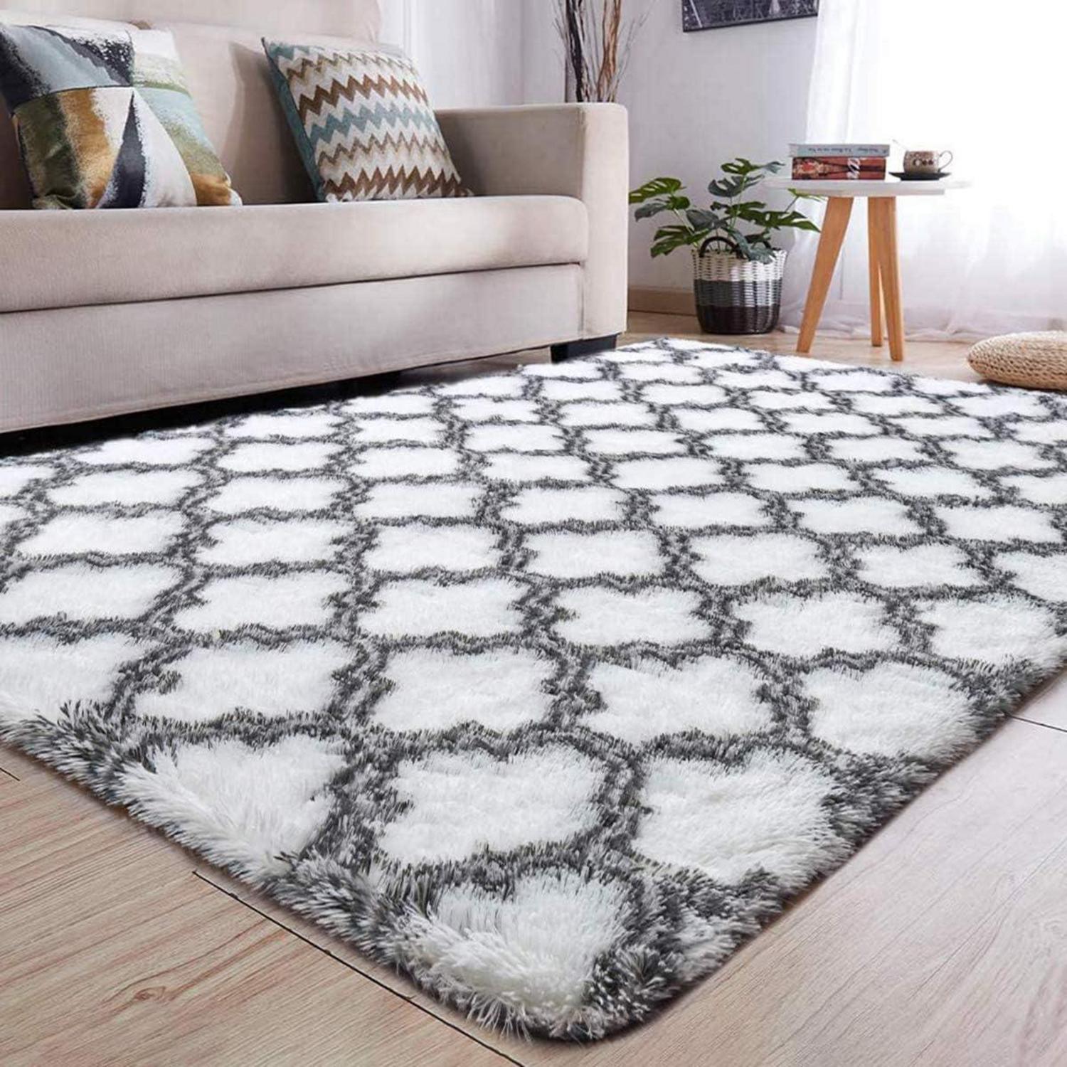 Moderner Shaggy Hochflor Teppich Weiß 160x200cm Anti-Rutsch Unterlage