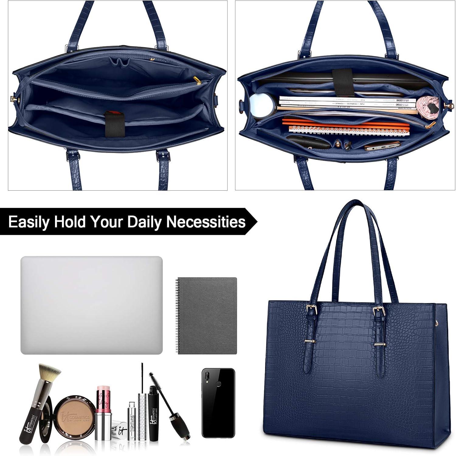 Elegante Handtasche Damen 15.6 Zoll Laptop Shopper PU Leder Blau
