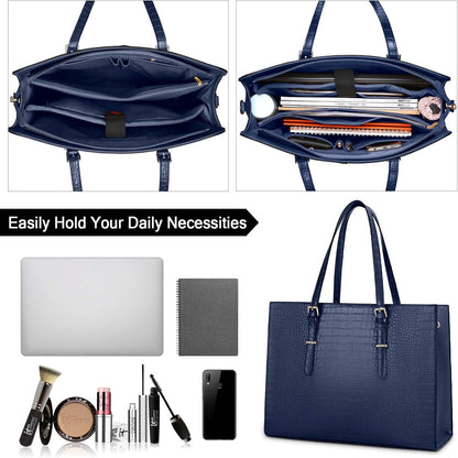 Elegante Handtasche Damen 15.6 Zoll Laptop Shopper PU Leder Blau