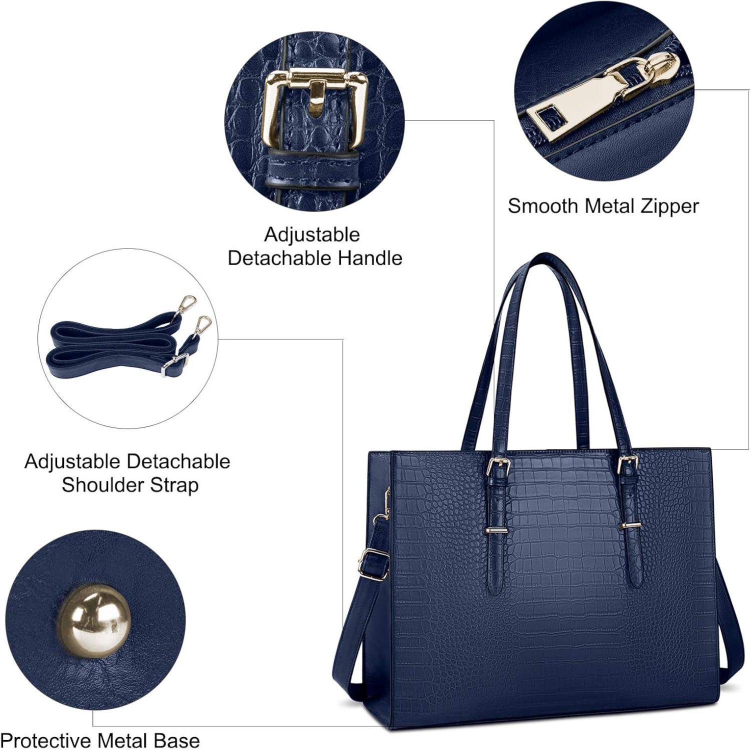Lubardy Damen Handtasche Groß 15.6 Zoll Laptop PU Leder Blau