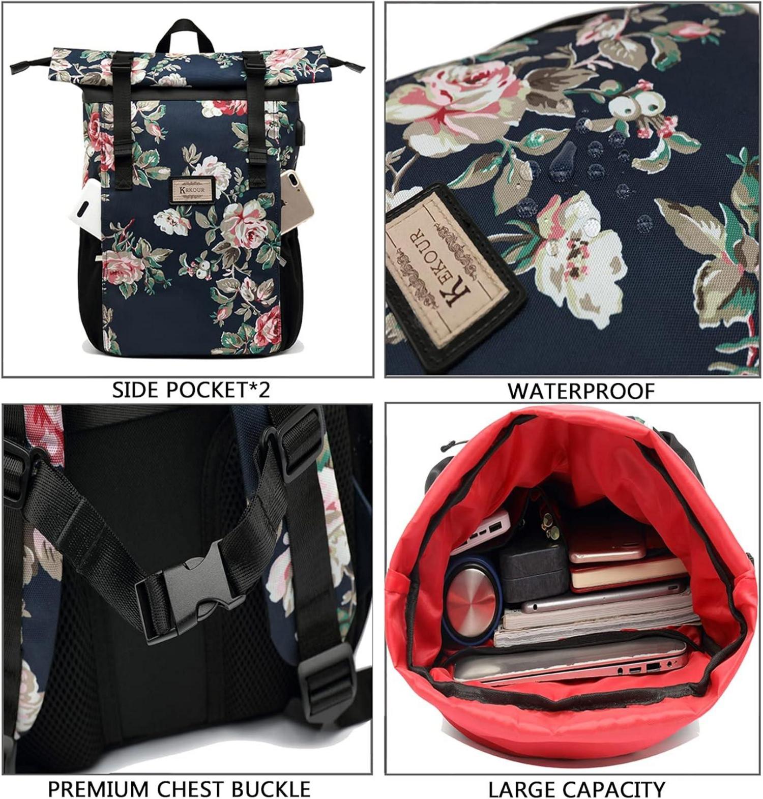Laptop Rucksack Damen 12-17 Zoll Rolltop Schulrucksack Backpack Rose Gold