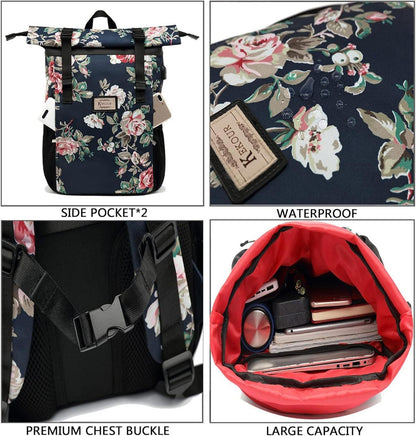 Laptop Rucksack Damen 12-17 Zoll Rolltop Schulrucksack Backpack Rose Gold
