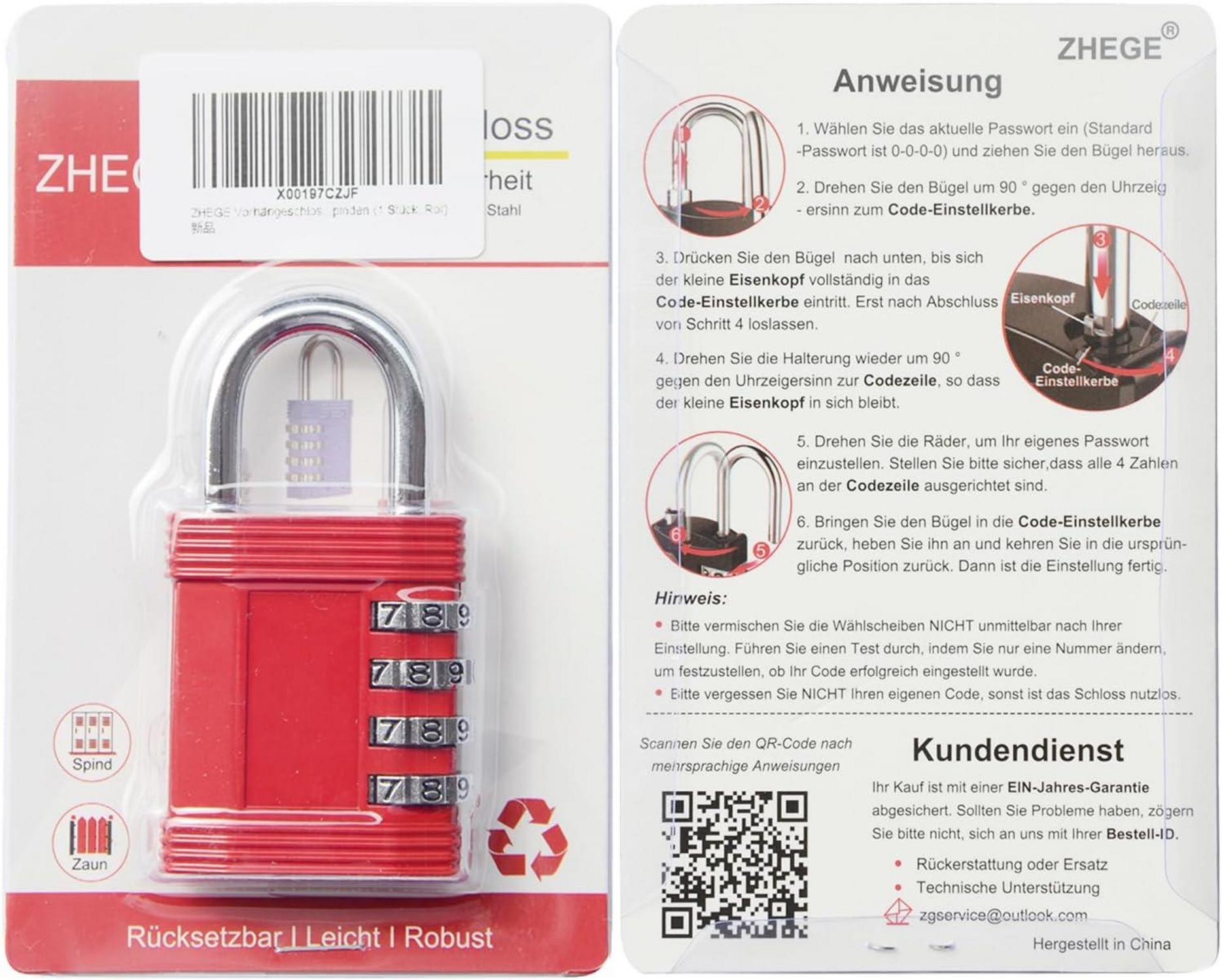 ZHEGE Zahlenschloss Vorhängeschloss mit Zahlencode, Wetterfest für Tür, Schuppen, Zaun - Rot