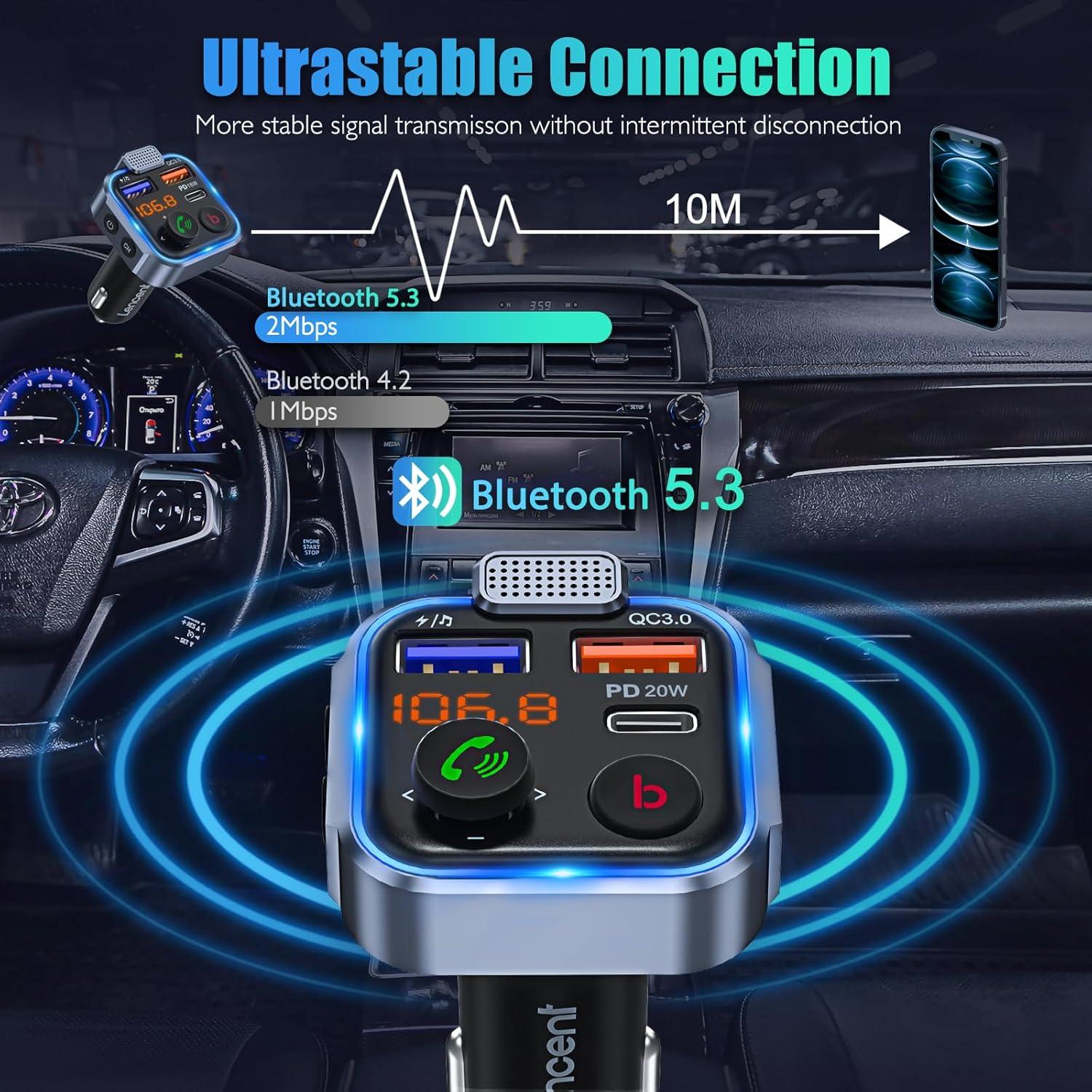 LENCENT FM Transmitter Bluetooth V5.3 Auto Freisprecheinrichtung Dual USB Schnellladung