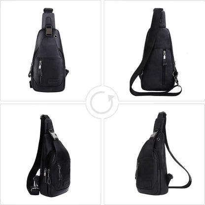 Leathario Brusttasche Herren echtes Leder Vintage Look Schwarz 30x17x8cm