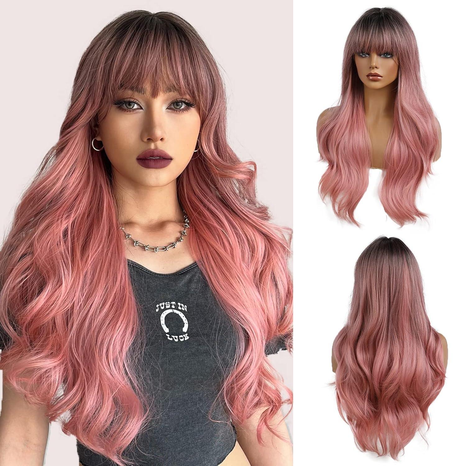 24 Zoll Lange Ombre Rosa Synthetische Haar Perücke für Frauen, Party