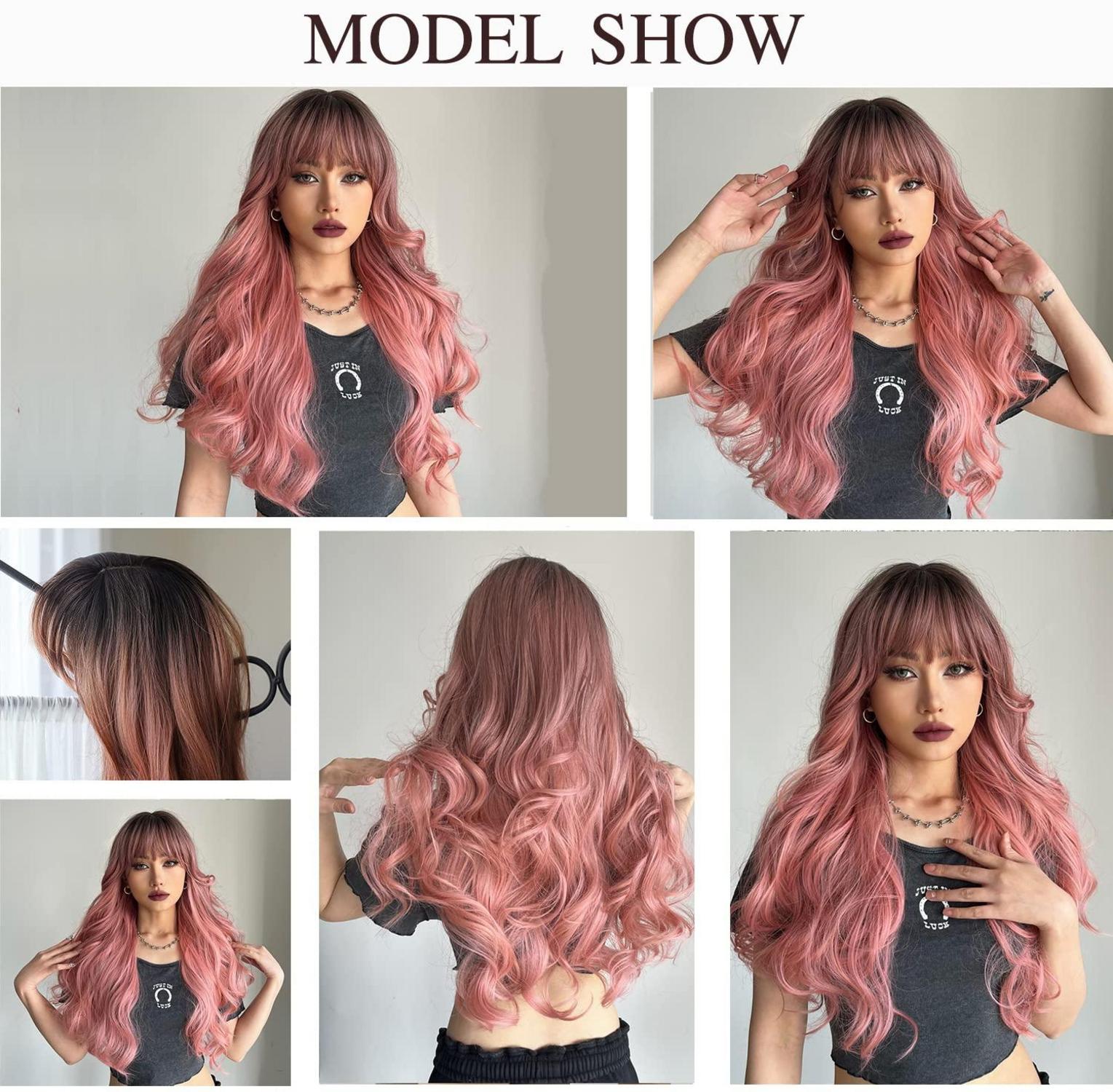 24 Zoll Ombre Rosa Gewellte Synthetikhaar Perücke Damen Party Cosplay