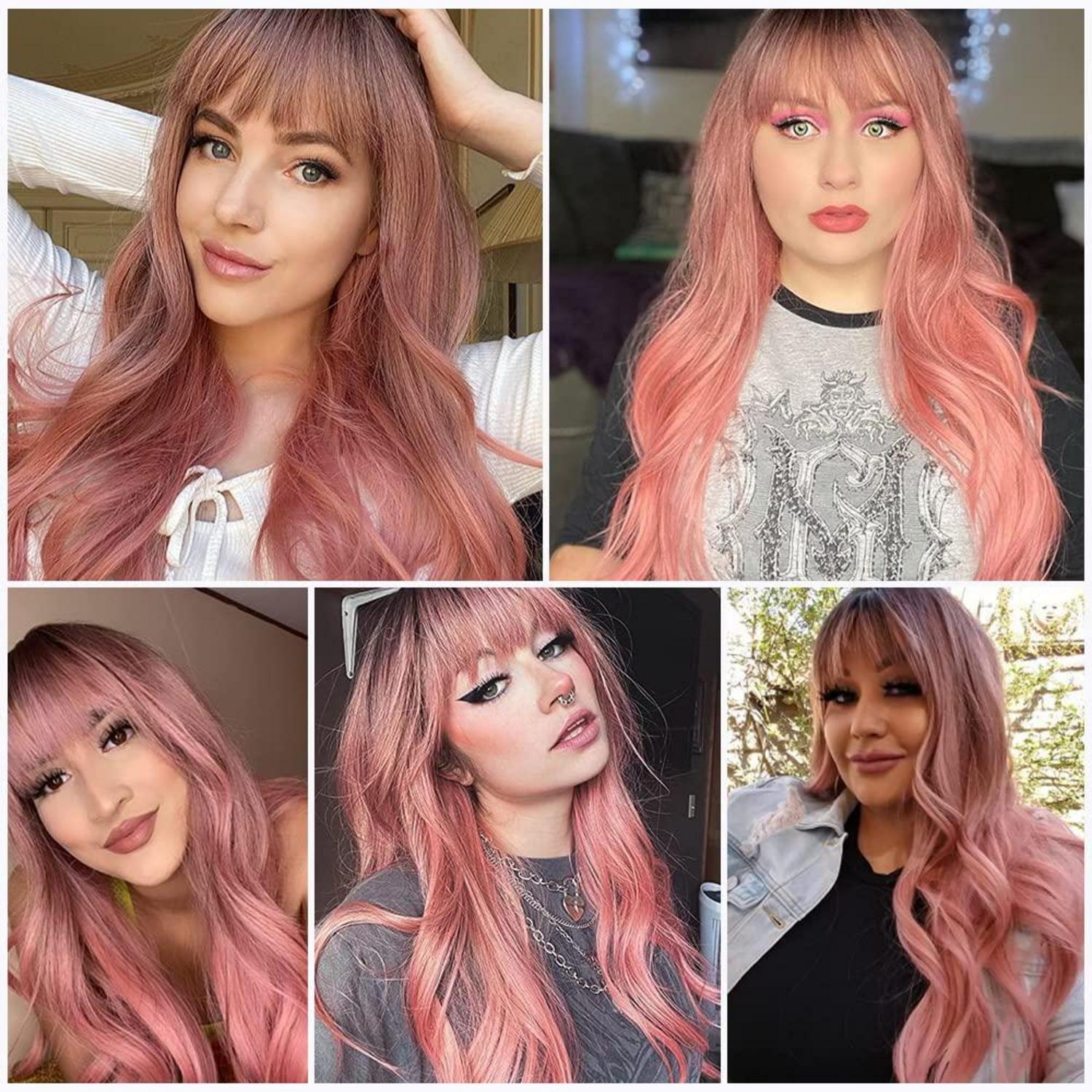 24 Zoll Ombre Rosa Lange Gewellte Synthetische Perücke für Frauen