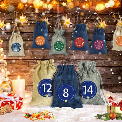 Adventskalender Stoffsäckchen zum Befüllen mit Zahlen Aufkleber und Holzklammern