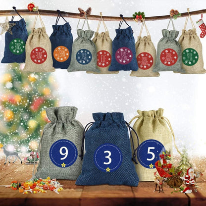 Adventskalender zum Befüllen Stoffsäckchen Zahlen Aufkleber Holzklammern