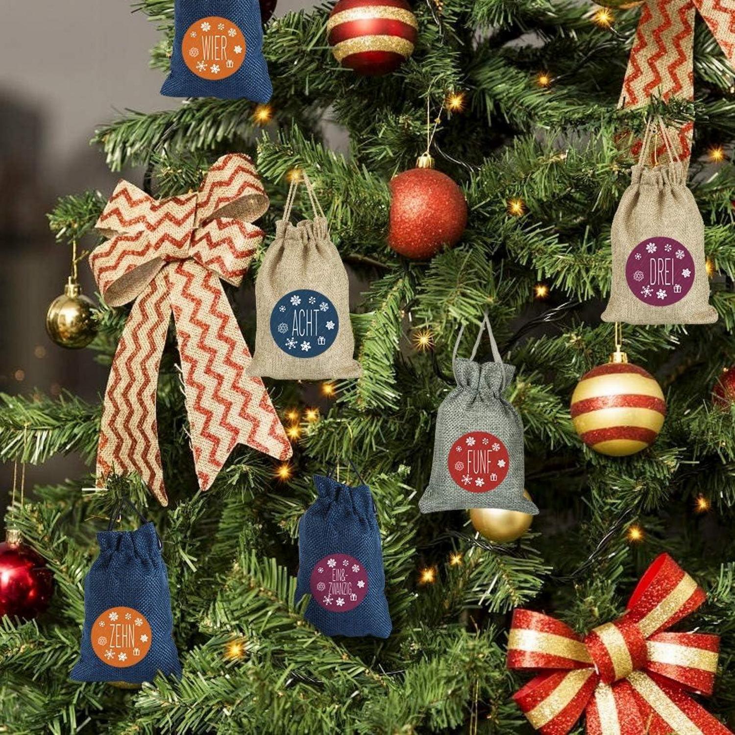 Adventskalender zum Befüllen 24 Stoffsäckchen mit Zahlen Aufkleber
