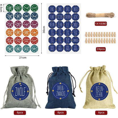 Adventskalender zum Befüllen Stoffsäckchen Zahlen Aufkleber