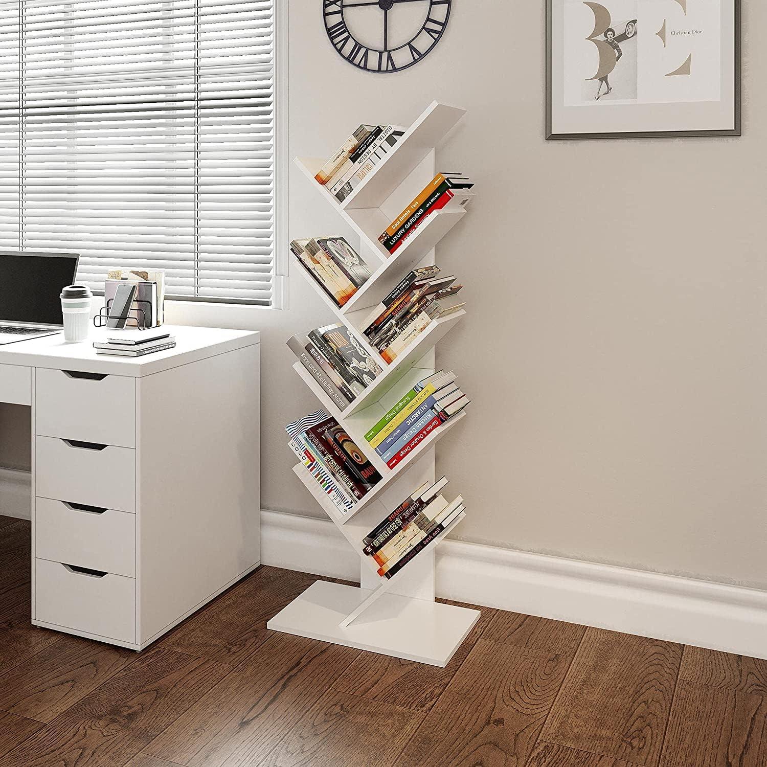 YITAHOME Bücherregal mit 9 Ebenen Weiß - Standregal Holz Industrie Baum-Design