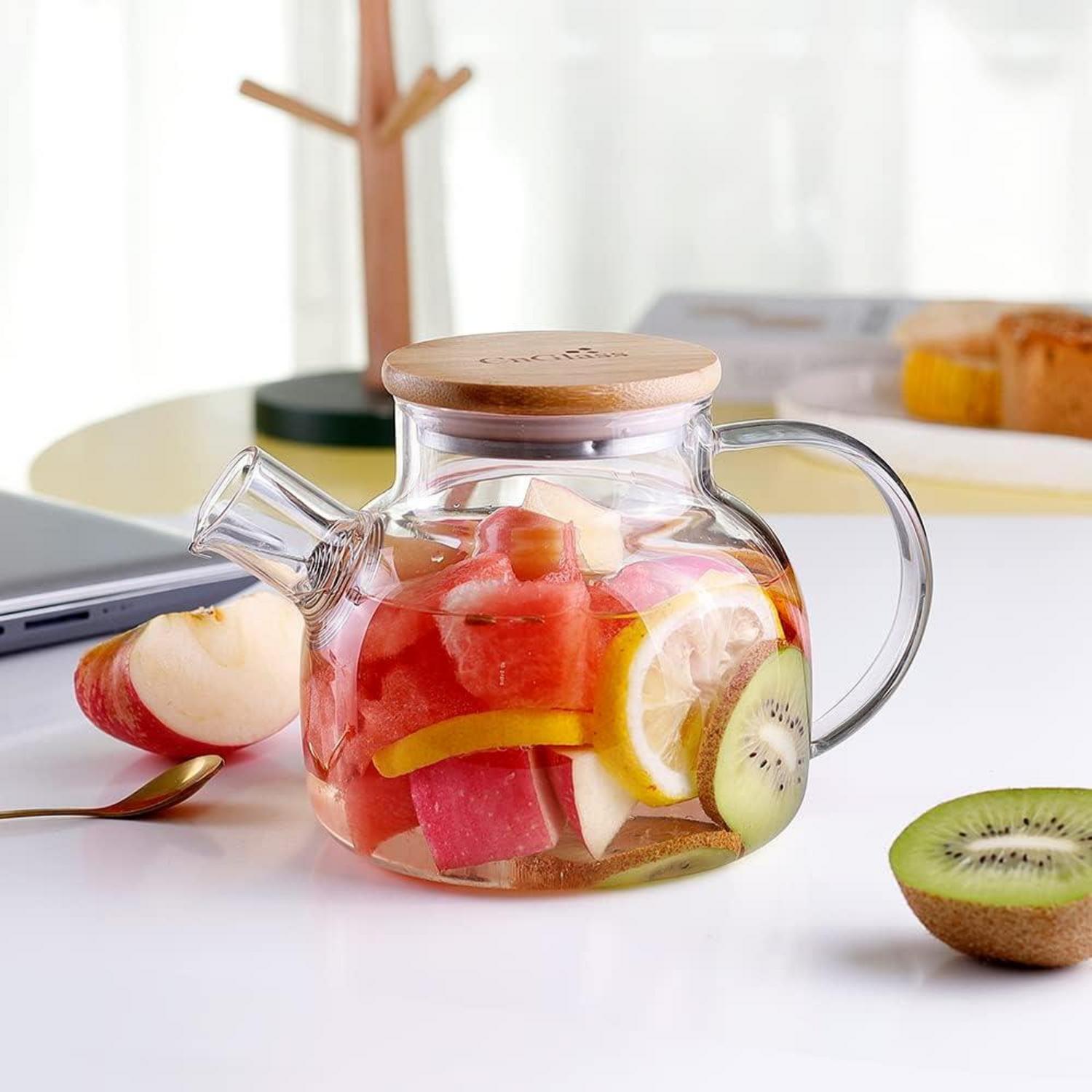 Glas-Teekanne Bambusdeckel 600ML abnehmbares Teesieb Herdplattensicher