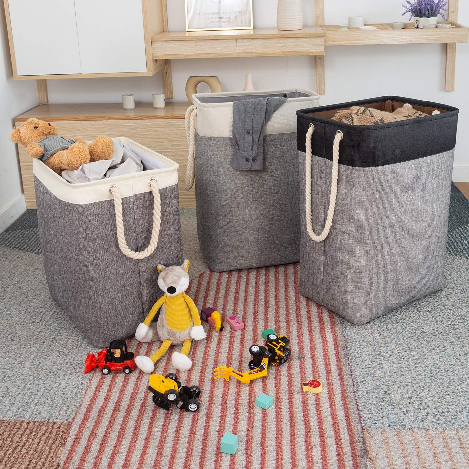 Großer faltbarer Wäschekorb 78L mit Seilgriffen - Beige/Grau